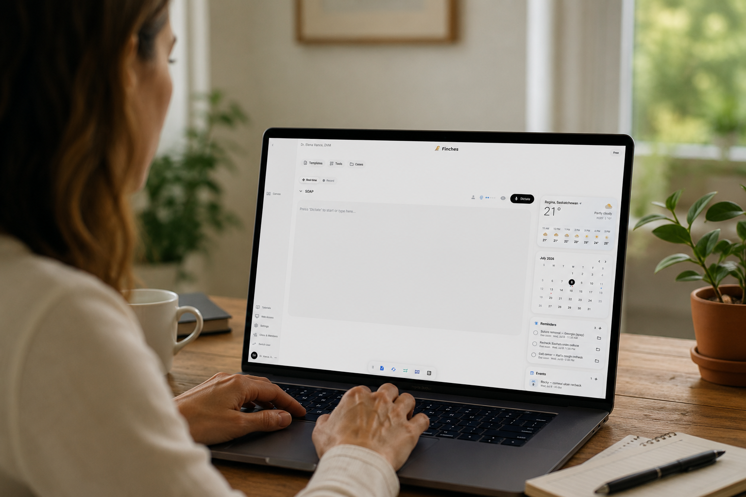 The Finches web workspace on a laptop: dictation editor with weather, calendar, reminders and events widgets